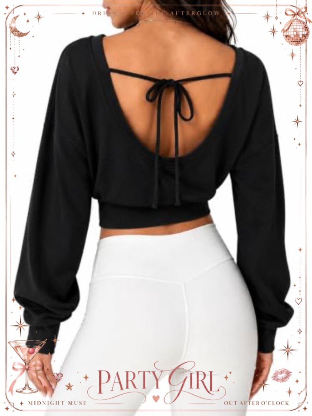 Womens Open Back Tie Crop Top Long Sleeve Banded Hem Pullover